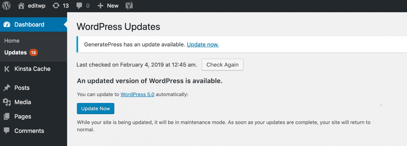WordPress update location
